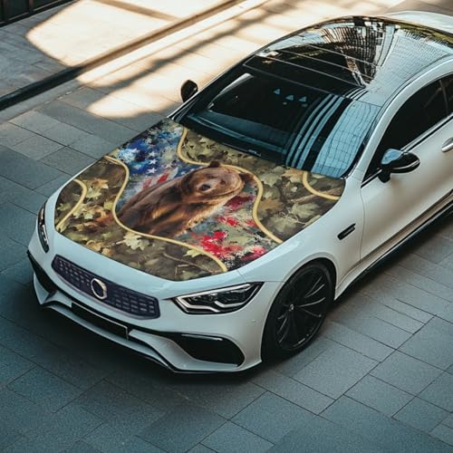 Image of Car Hood Cover Protector Stretchable Car Hood Wraps Auto Banner Bear American Flag Auto Decorative Accessories for Compact Sedans SUV Trucks (59x39 Inch)