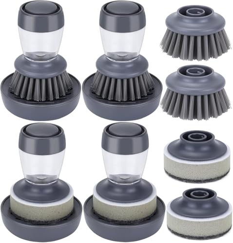 Cepillo para lavar platos con dispensador de detergente, 4 unidades con dispensador de detergente integrado, juego de cepillos de limpieza para presionar para vajilla, ollas, ollas, sartenes