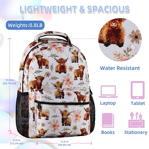 Highland Cow Backpack for Girls Boys, Elementary Middle High School Bookbags for Teen Kids, Large Travel Laptop Back Packs for College Students, Durable Lightweight School Bag, Highland Cattle Pattern4