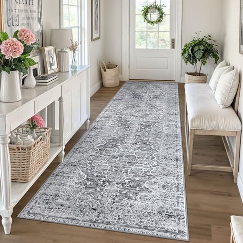 KUTA Vintage Washable Rug Runners 3x10, Grey White Non-Slip Kitchen Hallway Long Rugs 10ft with Rubber Backing, Printed Modern Soft Carpet for Entryway Indoor Dining Room
