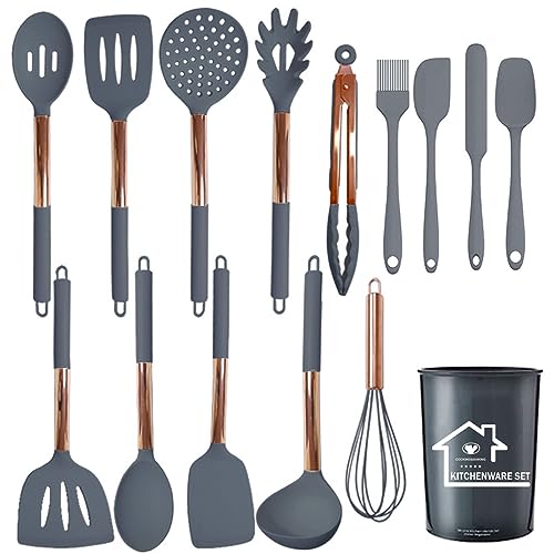 UXIYI Ensemble d'ustensiles de cuisine, ustensiles de cuisine en silicone, ensemble de spatules en silicone avec manche en acier inoxydable Rose Gold, outils de cuisine pour poêles antiadhésives,15PCS