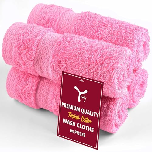 YRALY Premium Turkish Cotton Washcloths (4 Pack) Hotel Quality Ultra Soft & Absorbent Towels for Face Hand Kitchen & Cleaning Pink
