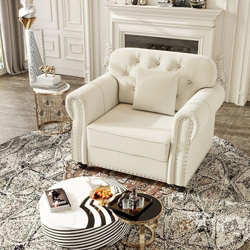 Image of KEIKI 41 inch Velvet Chesterfield Sofa with Rolled Arms & Nailhead Trim & 1 Ottoman, Modern 1-Seater Button Tufted Couch with High Resilience Cushion & 1 Pillow, Easy Assembly, for Living Room, White