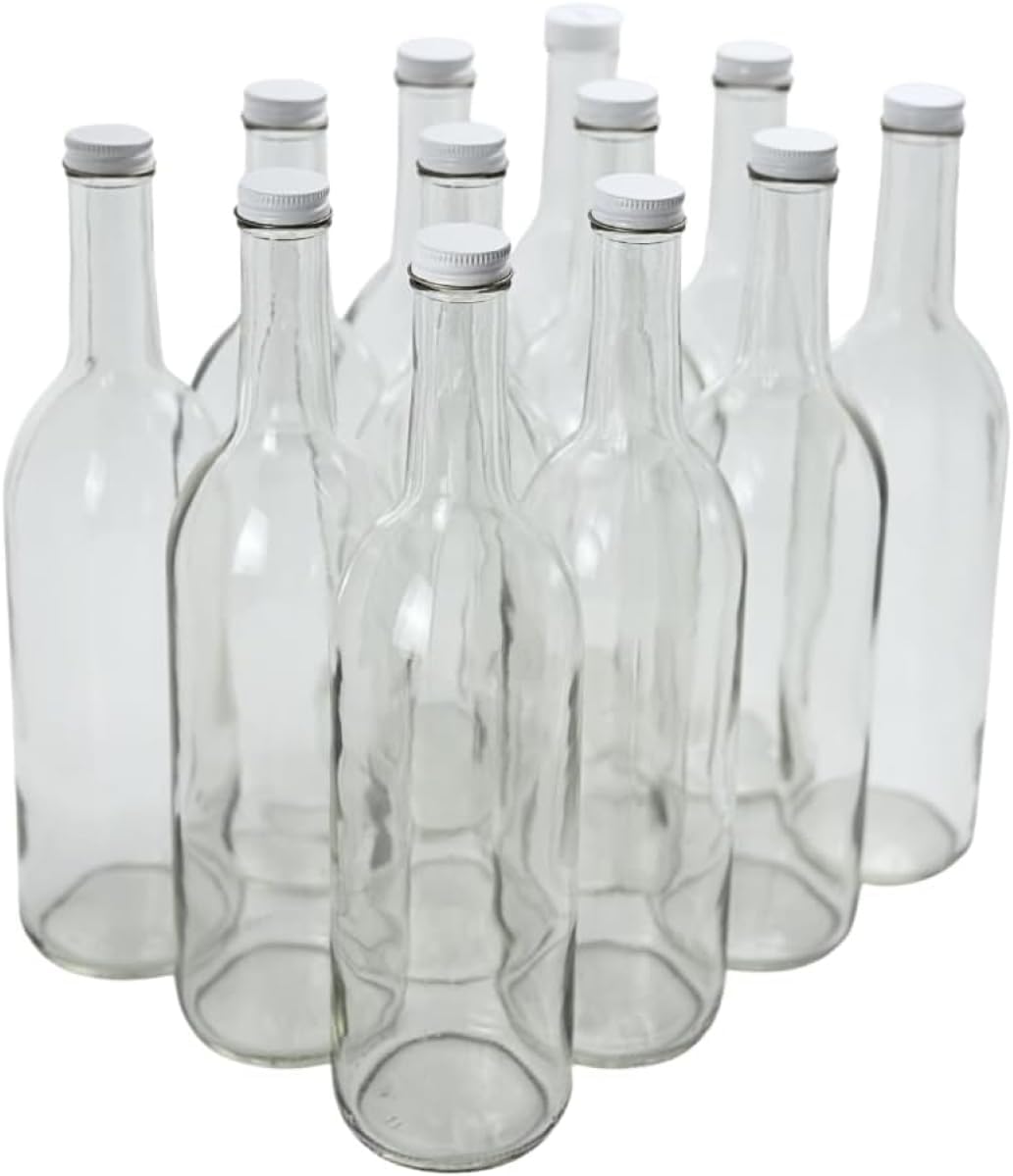 FastRack 750ml Clear Glass Wine Bottles with White Metal Screw Caps (Pack of 12) | Empty W5 Flint Bordeaux Bottles for Homemade Wine, Juice, Kombucha, Spirits & Beverage Storage