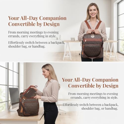 Image of JULIE FERRARO Women Convertible Backpack Purse, Large PU Leather Travel Backpack with Multi Pockets, Shoulder Handbag Set with Wristlet for Work, Travel & Daily Use