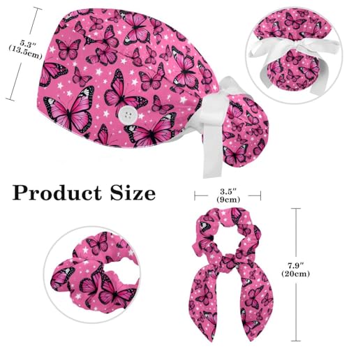 Image of Butterfly Scrub Cap Women with Ponytail & Buttons Adjustable Surgical Nurse Hat with Cotton Sweatband for Long Hair