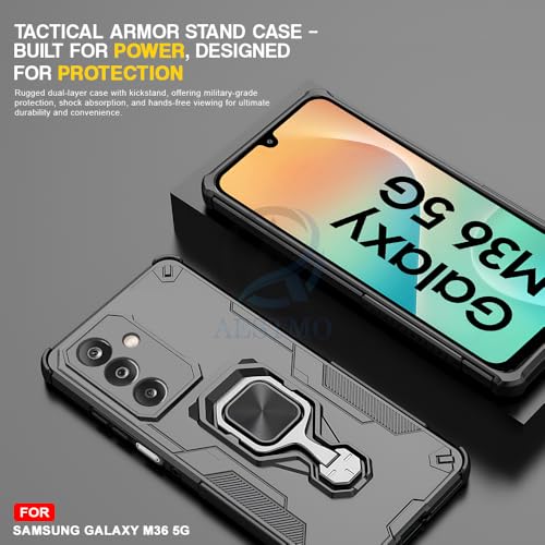 Image of AESTMO Armor Back Cover for Samsung Galaxy M36 5G / F36 5G | Ring Holder & Kickstand & Camera Protection in-Built | 360 Degree Protection Back Case Cover (Black)