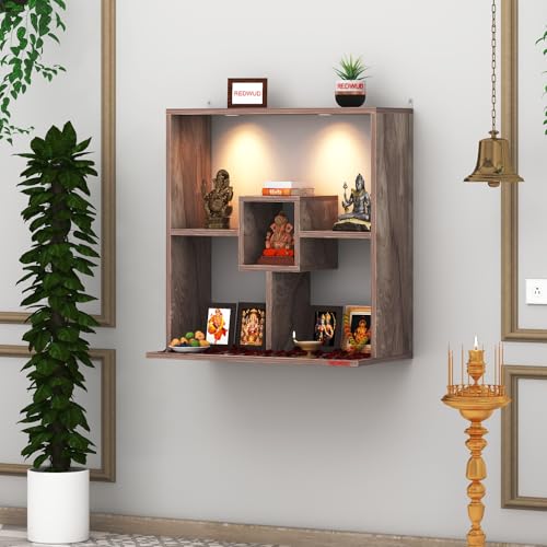 Image of Redwud Shally Engineered Wood LED Light Wall Mounted Puja Temple for Home & Office | Modern Design Stylish God Stand Pooja Mandir | Coachwood (D.I.Y-Installation)