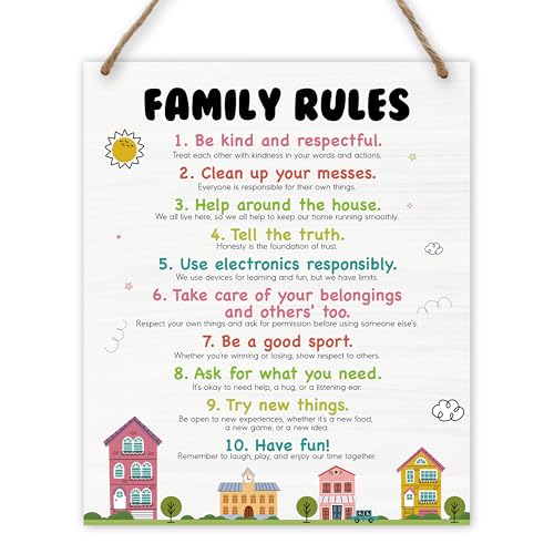 Beshoul House Rules Farmhouse Ready to Hanging Family Rule Wooden Sign for Home Playroom Toddler Bedroom Living Room Kitchen Wall Decor - E02