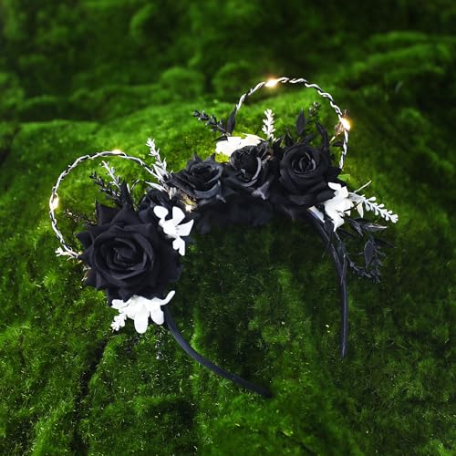 Handmade-LED-Light-Up-Flower-Mouse-Ear-Headband-Black-for-Womens-Themed-Parks-Weddings-and-Birthday-Hair-Accessories