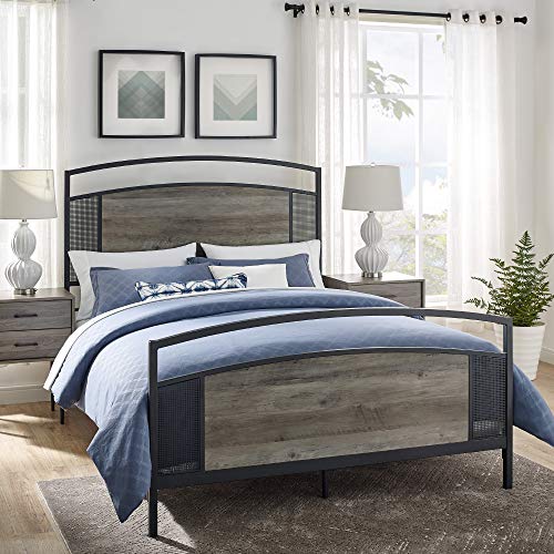 Walker Edison Furniture Company Industrial Metal and Wood Queen Size Headboard Footboard Bed Frame Bedroom, Grey Wash