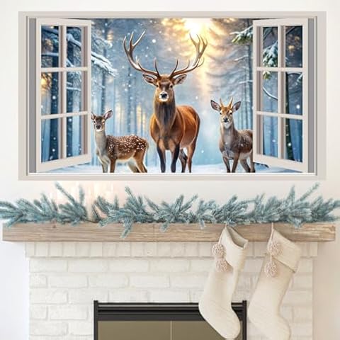 Winter Forest Wall Stickers 3D Fake Window Wall Decal Nature Landscape Faux Windows Wall Sticker Decor Peel and Stick Sunshine Snow Deer Wall Art Murals for Living Room Kitchen Office Home Decoration Cover