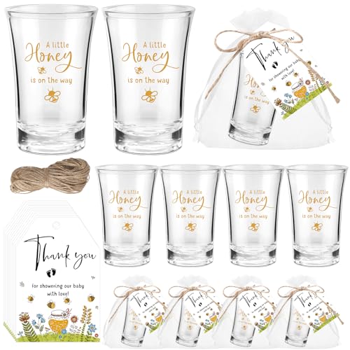 Pickmesh 25 Sets Honey Bee Baby Shower Shot Glasses for Guests Include Little Honey Is on The Way Acrylic Shot Glasses Bee Cards Bags for Gender Reveal Summer Party Favors Supplies
