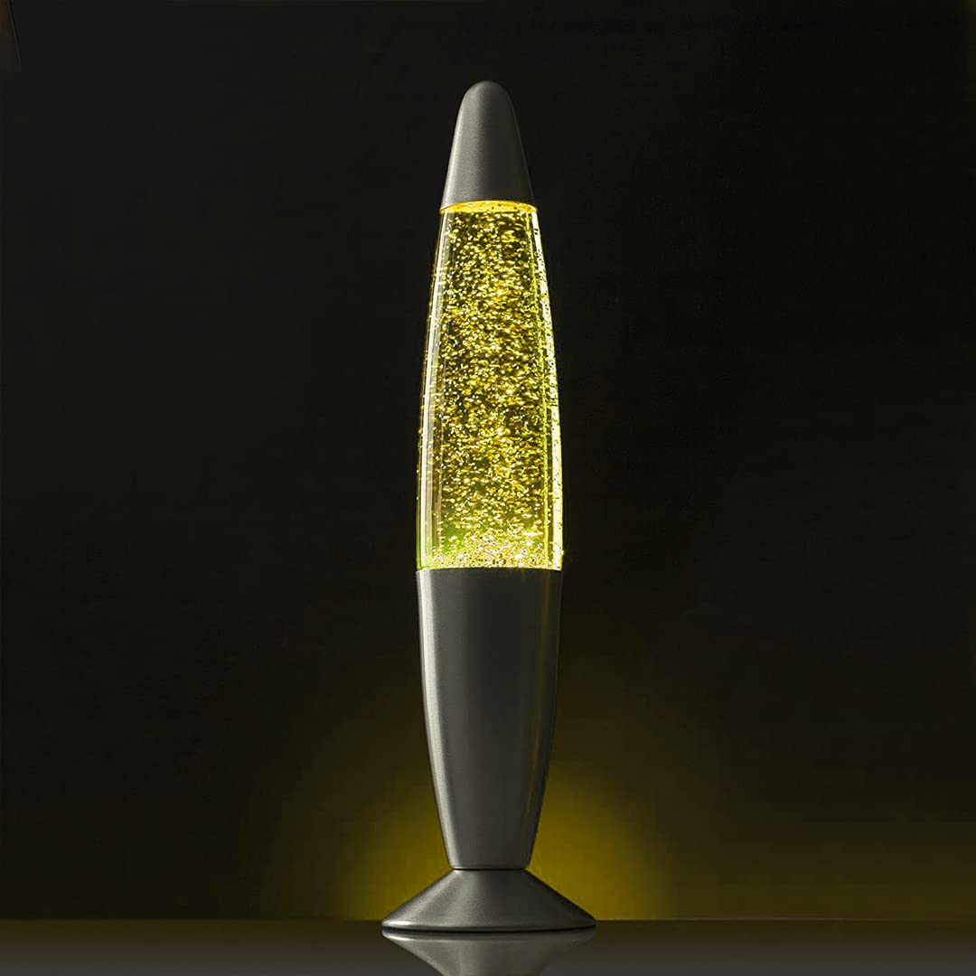 Lampara de Lava Purpurina Glitter Destellos color Amarillo, 40 cm de Altura, Base Gris