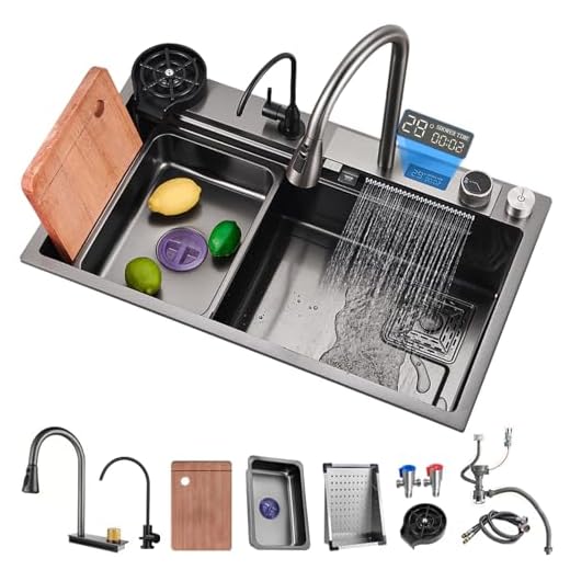 Black Nano Kitchen Sink 304 Stainless Steel Waterfall Sink Single Bowl Workstation Kitchen Sink With Multifunctional Digital Display Fly Rain Pull-Out Faucet And Sink Accessories（31.5x18x8.7 Inch）