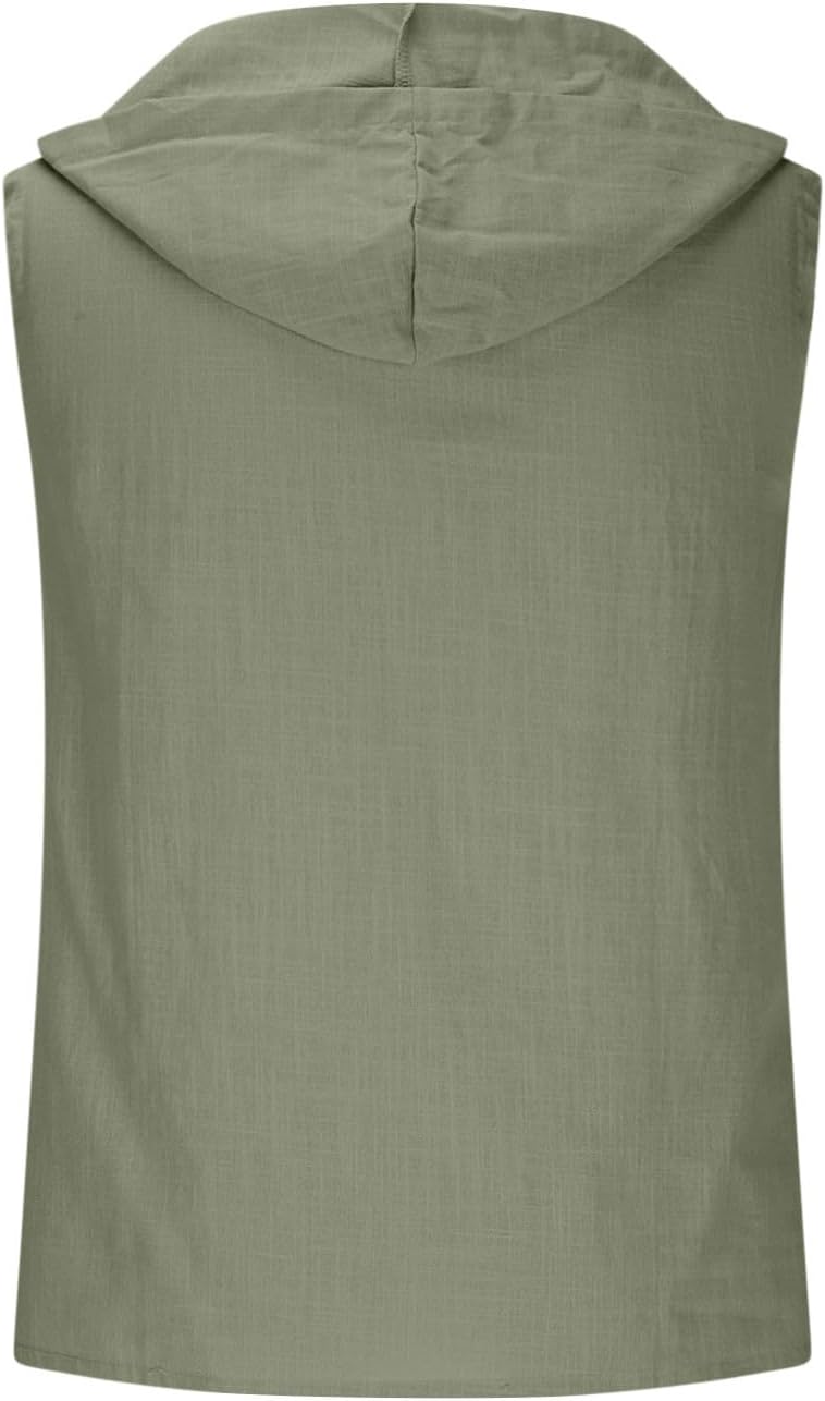 Cotton Linen Hoodie Shirts for Men V-Neck Short Sleeve Hooded Sweatshirts Summer Casual Pullover Tops