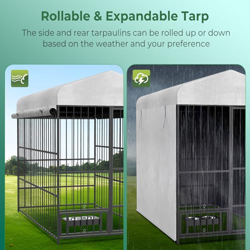 Large Outdoor Dog Kennel with Bowls and 360° Rotating Feeding Door, Heavy Duty Dog Kennel Playpen with Waterproof Roof Cover and Secure Lock, Dog Run Enclosure with 3 Sidewalls, 6.6’×3.9’×5.9′ Large Outdoor Dog Kennel with Bowls and 360° Rotating Feeding Door, Heavy Duty Dog Kennel Playpen with Waterproof Roof Cover and Secure Lock, Dog Run Enclosure with 3 Sidewalls, 6.6’×3.9’×5.9′