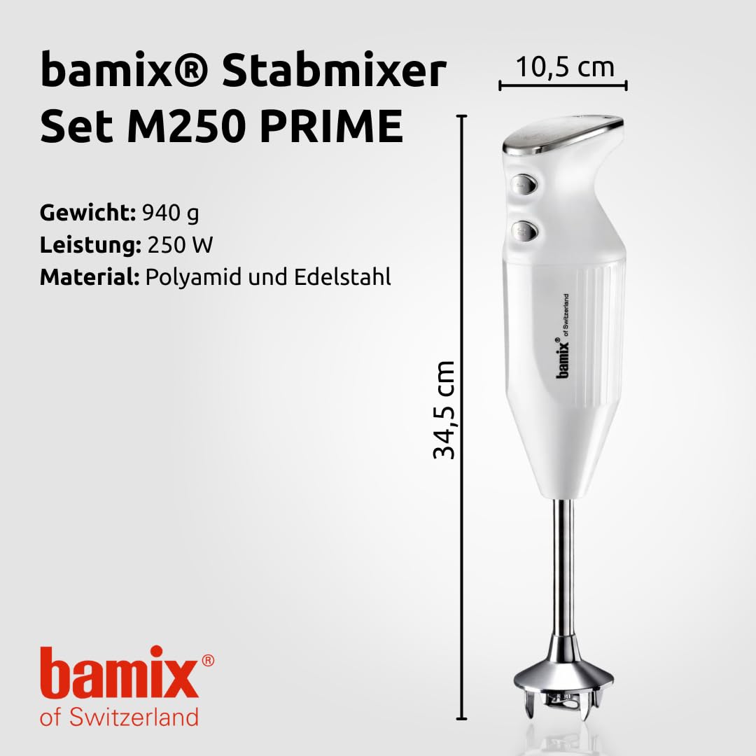 bamix Stabmixer Set M250 PRIME inkl. Multifunktionsmesser, Quirl, Schlagscheibe aus Edelstahl, 250 Watt, 2-Stufen, Made in Switzerland, Weiß/Chrom