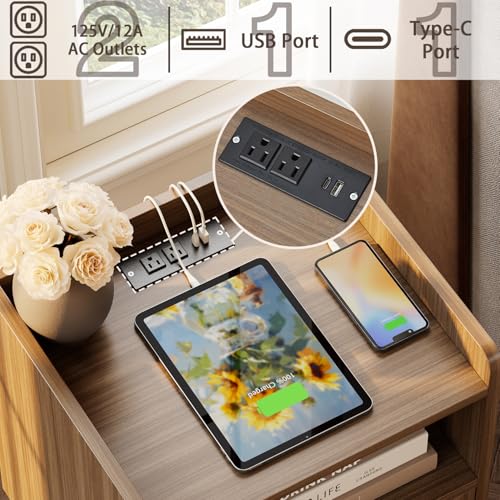 Image of MECHYIN Night Stand Set 2, Nightstands Set of 2 with Charging Station, Rattan Side Tables with Solid Wood Legs, Boho Bedside End Table for Apartment Bedroom Dorm Small Space