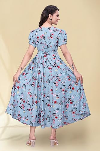 Image of Women's A-Line Crepe Maxi Dress | Stylish Fit and Flare Dress with Round Neck Short Puff Sleeves for Casual Wear