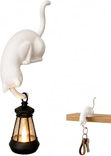 Cat with Lantern Shelf Decor, Cat Bookshelf Lantern Lights (#A) | Cat Shelf Hook with Vintage Lantern, Cat Figurine with LED Bookshelf Decor Cats for Keys, Bookshelf, Gift for Cats Lovers