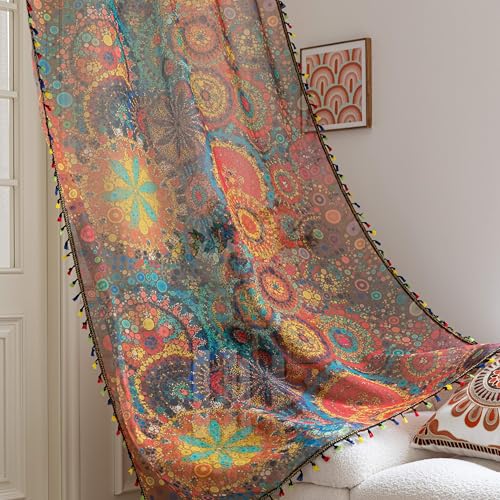 Erbnaryx Dot Colorful Sheer Curtains 96 inch Long, Fringed Edges