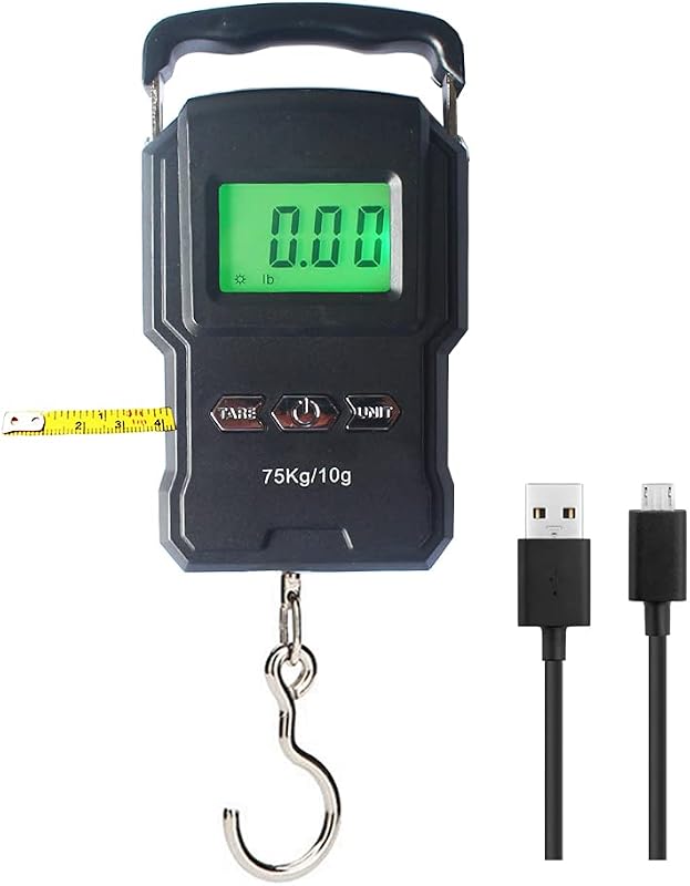 Rechargeable Lugagge Scale Portable Electronic Hook Scale Digital Hanging Bag Luggage Weight Scale Fishing Scale with Measuring Tape 165Lb Black