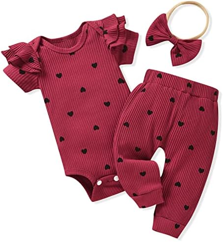 Aalizzwell Newborn Infant Baby Girls Clothes Ribbed Heart Short Sleeve Spring Summer Outfits Valentines Wine Red 0 - 3 Months
