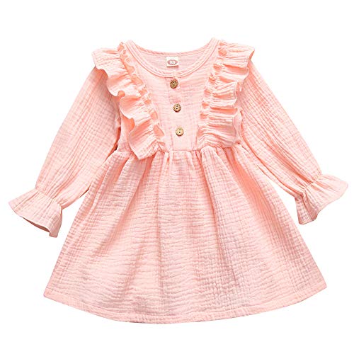 Baby Girls Long Sleeve Cotton Linen Ruffle Dress Solid Color Buttons Princess Dress (Pink, 3-4T)