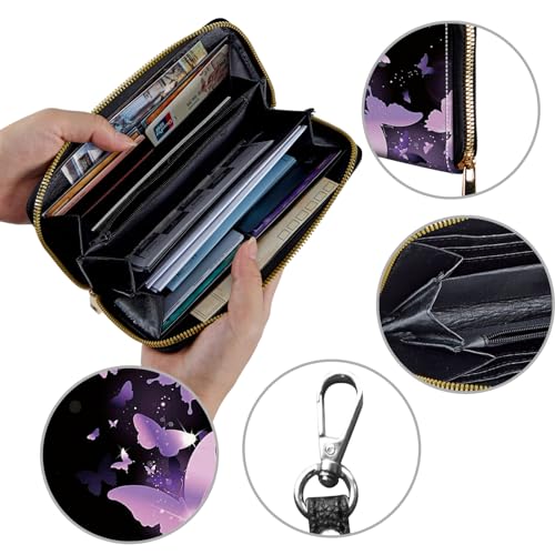 Image of Women's Wallets,Credit Card Holder Money Leather Long Wallet with Wristlet,Large Capacity with Zip-Around Phone Purse for Women Ladies Girls,Purple Butterfly