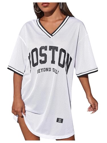 OYOANGLE Women's Letter Graphic Y2K Mesh Jersey Dress Half Sleeve