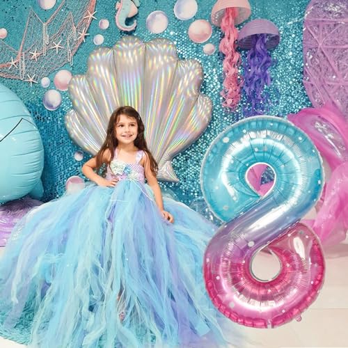 Image of Purple Teal Number 8 Balloons, 40 Inch Giant Mermaid Starry Mylar Foil Number 8 Ballon for Girls, Self Inflating 8th Birthday Helium Balloon for Women 8th Anniversary Party Decorations Supplies