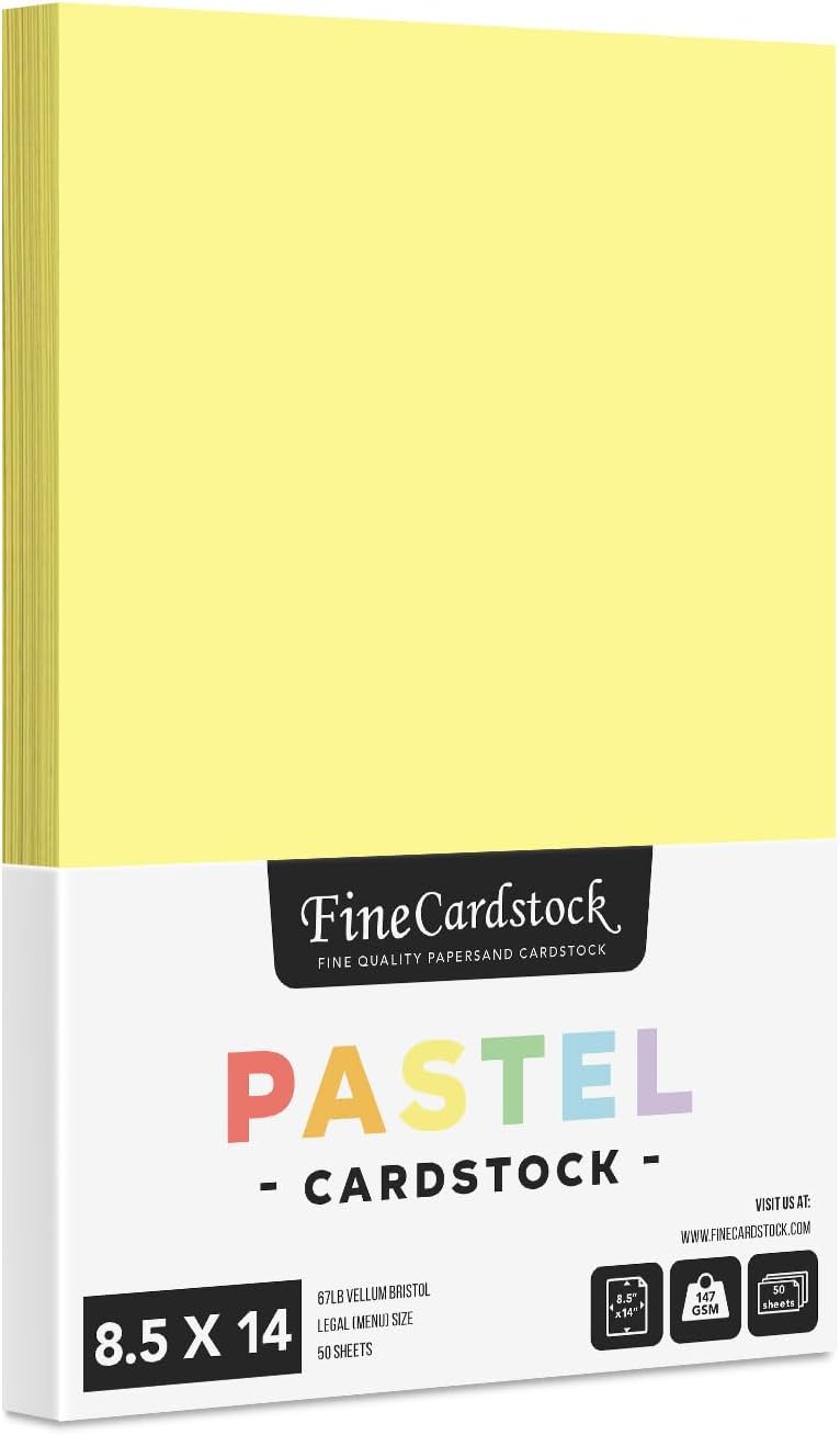 8.5" x 14" Pastel Color Cardstock Paper for Arts and Crafts, School Projects, Scrapbooking, Stationery Printing | Medium Weight 67lb Vellum Bristol (147gsm) Card Stock | 50 Sheets per Pack (Canary)