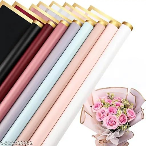 Unwrap Delights Pack of 10 Pcs Golden Border Line Flower Korean Wrapping Sheets,Flower Wrapper For Bouquet Flower Plastic Gift Wrapper (22.8 X 22.8 Inches) Multicolor