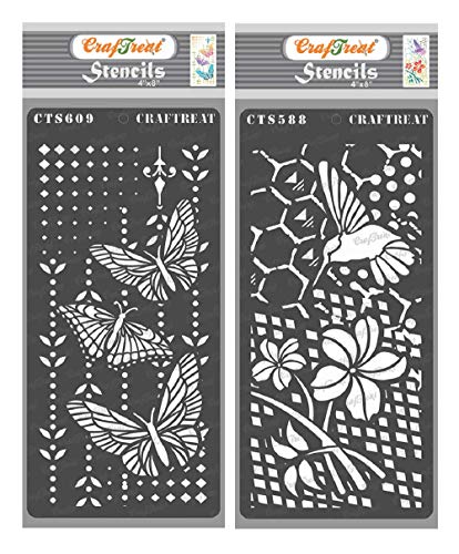 CrafTreat Reusable Hummingbird Stencils for Painting on Wood, Canvas, Paper and Tile - Flower and Hummingbird & Butterfly Magic - 2 Pcs - 4x8 Inches Each - DIY Craft Stencils for Mixed Media Art