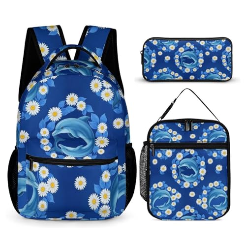 Backpack Book Bags with Lunch Box Storage Bag Backpack Set Daypack with Lunch Bag and Cosmetic Bags (Dolphins Flowers)