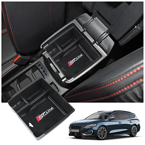 BIXUAN kompatibel mit Ford Focus MK4 Kuga MK3 ST Line 2018-2023 2024 Mittelkonsole Aufbewahrungsbox mit Rutschfester Matte Ablagefach Zubehör Armlehne Organizer Tray Mittelarmlehne Handschuhfach
