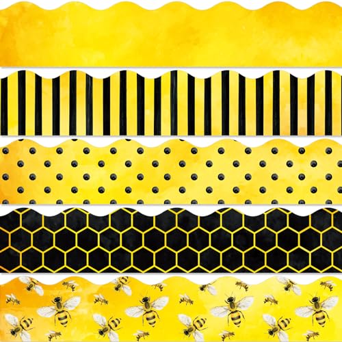 Image of Whaline 69 Ft Summer Bulletin Board Borders Watercolor Yellow Bee Honeycomb Spot Stripe Self-Adhesive Bulletin Board Trim for Summer Bee Day Decoration Party Home Office