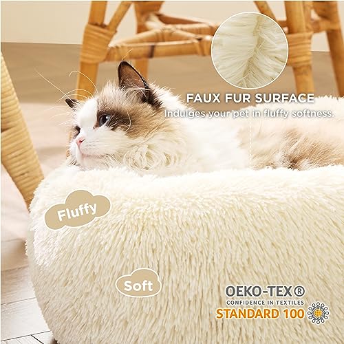 Image of Bedsure Calming Cat Beds Donut Round Washable Kitten Bed,20 inches Cream | Fluffy Faux Fur Cuddler,Machine Washable,Anti-Slip Bottom,Anti-Anxiety,Deep Sleeping for Cats&Small Pets Up to 15 Lbs