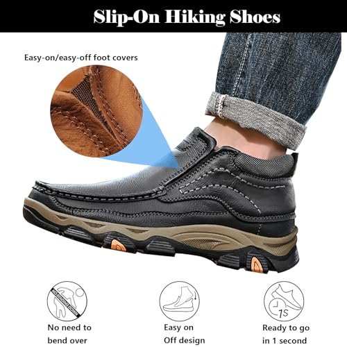 Men's Leather Hiking Shoes, Slip on Loafers Walking Boots, Waterproof Causal Sneakers, Work Walking Slippers, Easy Wear on/Off3