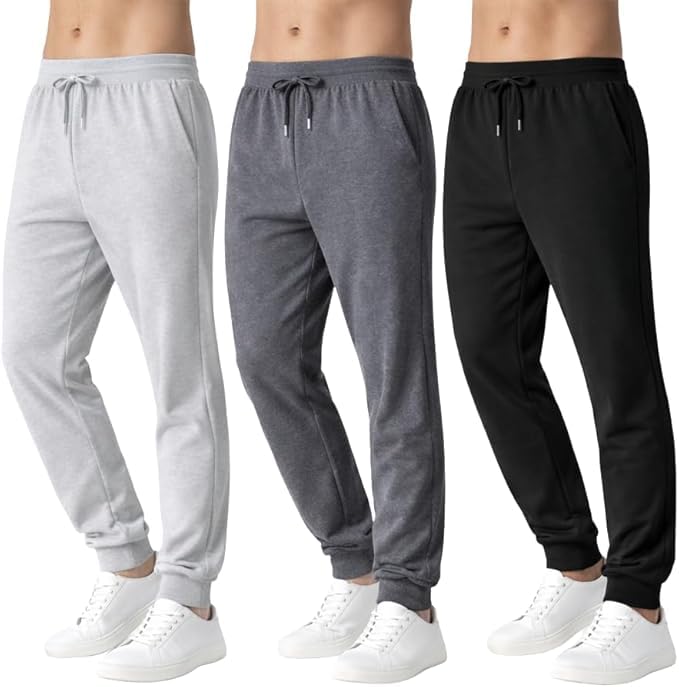 BROOKLYNS BEST Pack of 3 Men Jogger Pants - Sweatpants for Men with Pockets Elastic Waistband Cuffed Ankles Active Fleece Athletic and Workout Pants - Black/Charcoal/Heather Grey Large