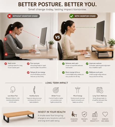 Image of Decorlay Engineered Wood Monitor Stand Riser for Desk, Desktop Organizer with Metal Legs, Computer Screen Stand for Office & Home, Laptop Stand Shelf, Tabletop Storage Rack, Wooden Desk Organizer for Monitor Keyboard Accessories