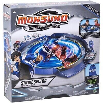 Monsuno Arena de combate, base de juego azul con logotipo, juguete de colección