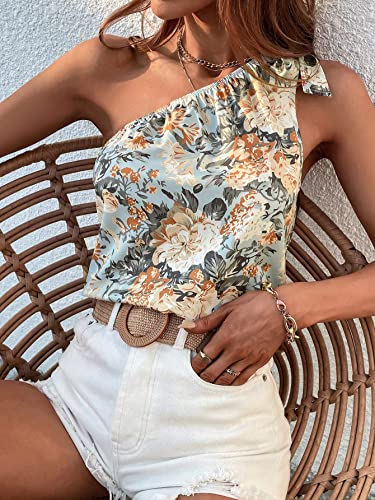 Shein Women's Satin One Shoulder Tunic Tops Sleeveless Tie Knot Shirt Blouses Floral Blue M #TOP4