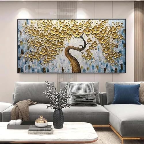 Toile arbre porte-bonheur doré pour illuminer un salon sombre ou mur blanc vide