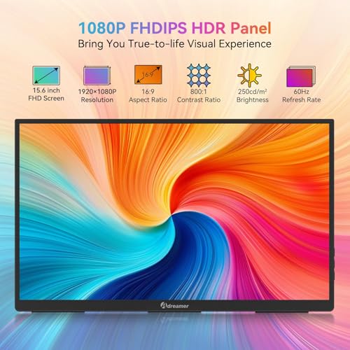 Image of ADREAMER 15.6 inch Portable Monitor FHD 1080P USB-C HDMI HDR IPS with Cover & Speaker, Second External Monitor for Laptop PC Mac Phone Tablet.