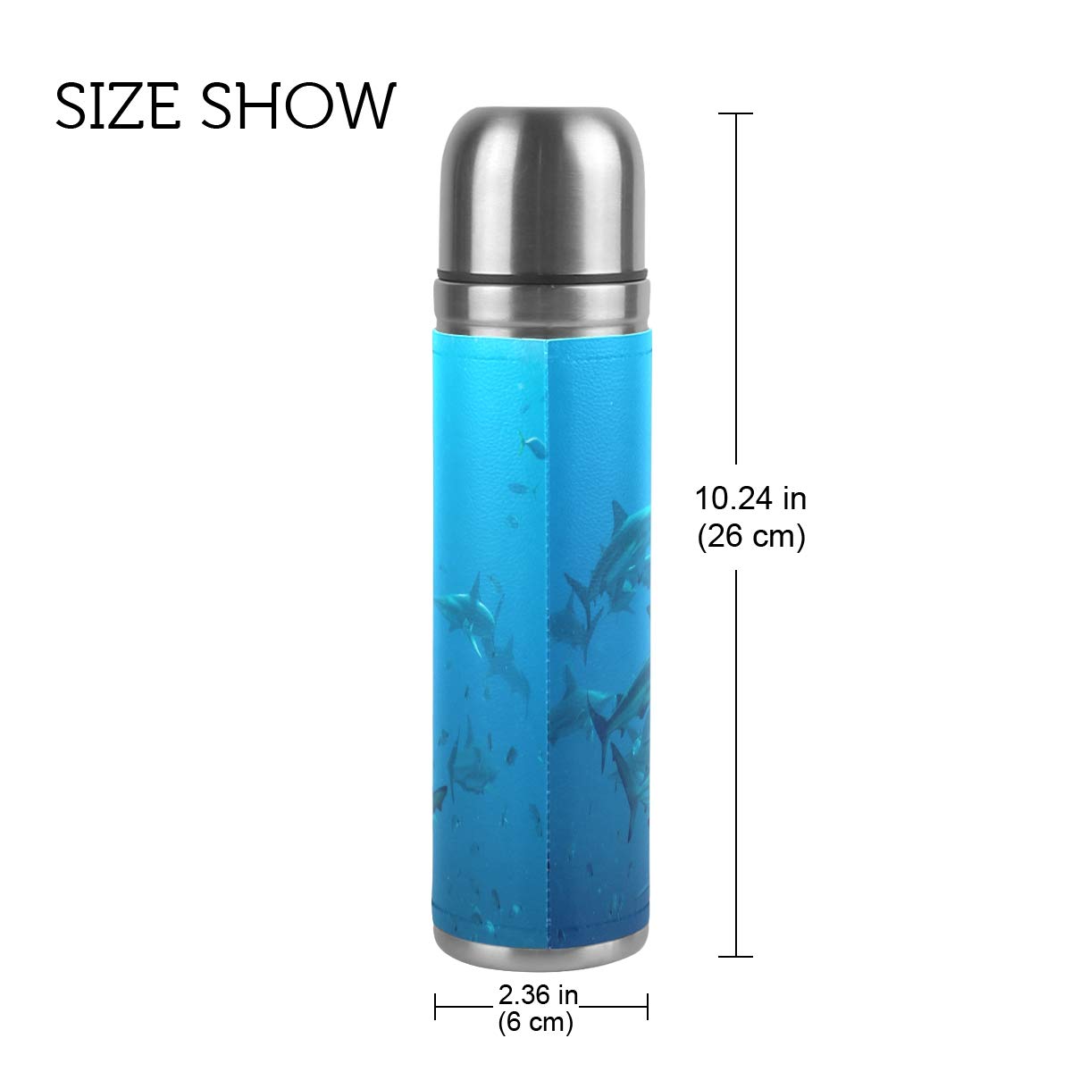 Taza de viaje aislada al vacío de acero inoxidable con doble pared a prueba de fugas, botella de agua con diseño de tiburón marítimo personalizado impreso en piel auténtica, 500 ml