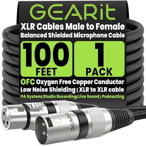 GEARit XLR Cables 100ft OFC, Microphone Cable XLR Male to Female, XLR Cable Low Noise Shielding, Copper Conductors for Recording Studio, Podcast, Stage Audio & Live Sound (Black)