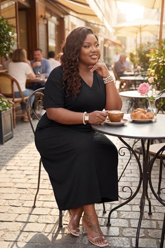 Image of Runwind Plus Size T Shirt Maxi Dress for Women Short Sleeve V Neck Casual Long Dresses with Pockets