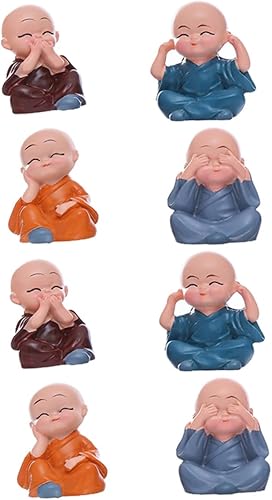 SECFOU 8 piezas de figuras decorativas de exhibición de Maitreya lindo Kongfu monje Kung Home Speak Statue Little Dolls Buddhism Miniature Tiny Buda